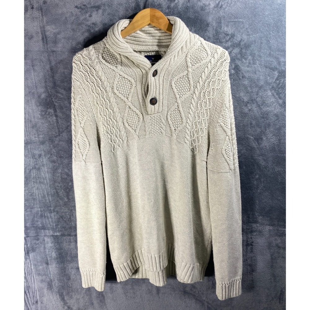 American Eagle Sweater Mens XL Cream Cable Knit Shawl Collar Cardigan Fisherman